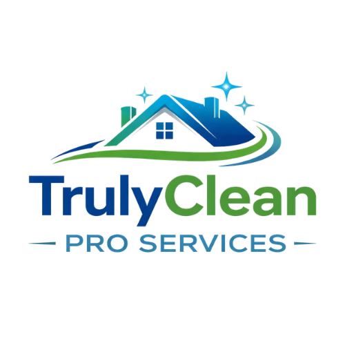 Truly Clean Pro Services logo featuring house with roof and cleaning sparkles