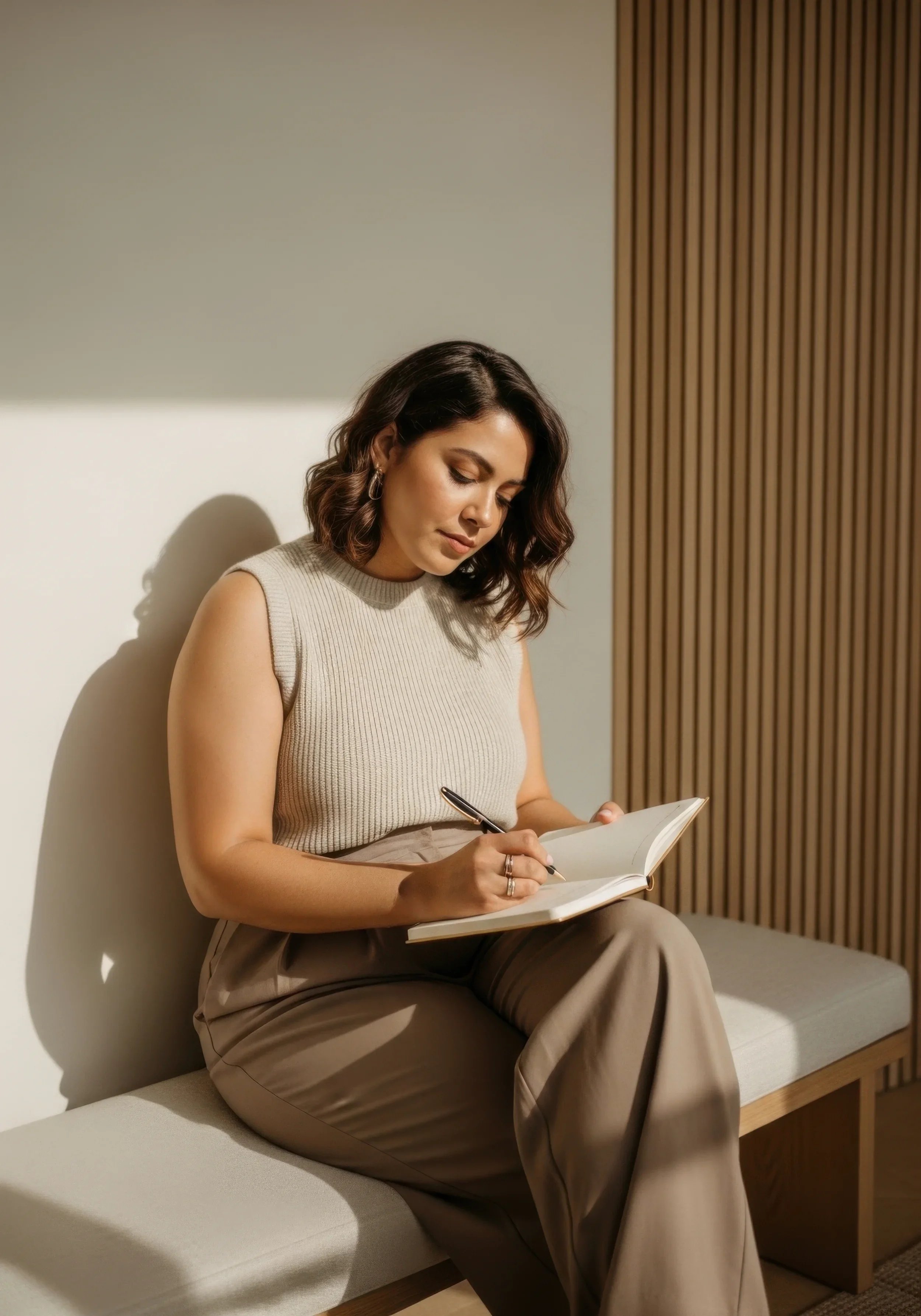 Woman in neutral clothing sitting on bench, writing in notebook with pen.