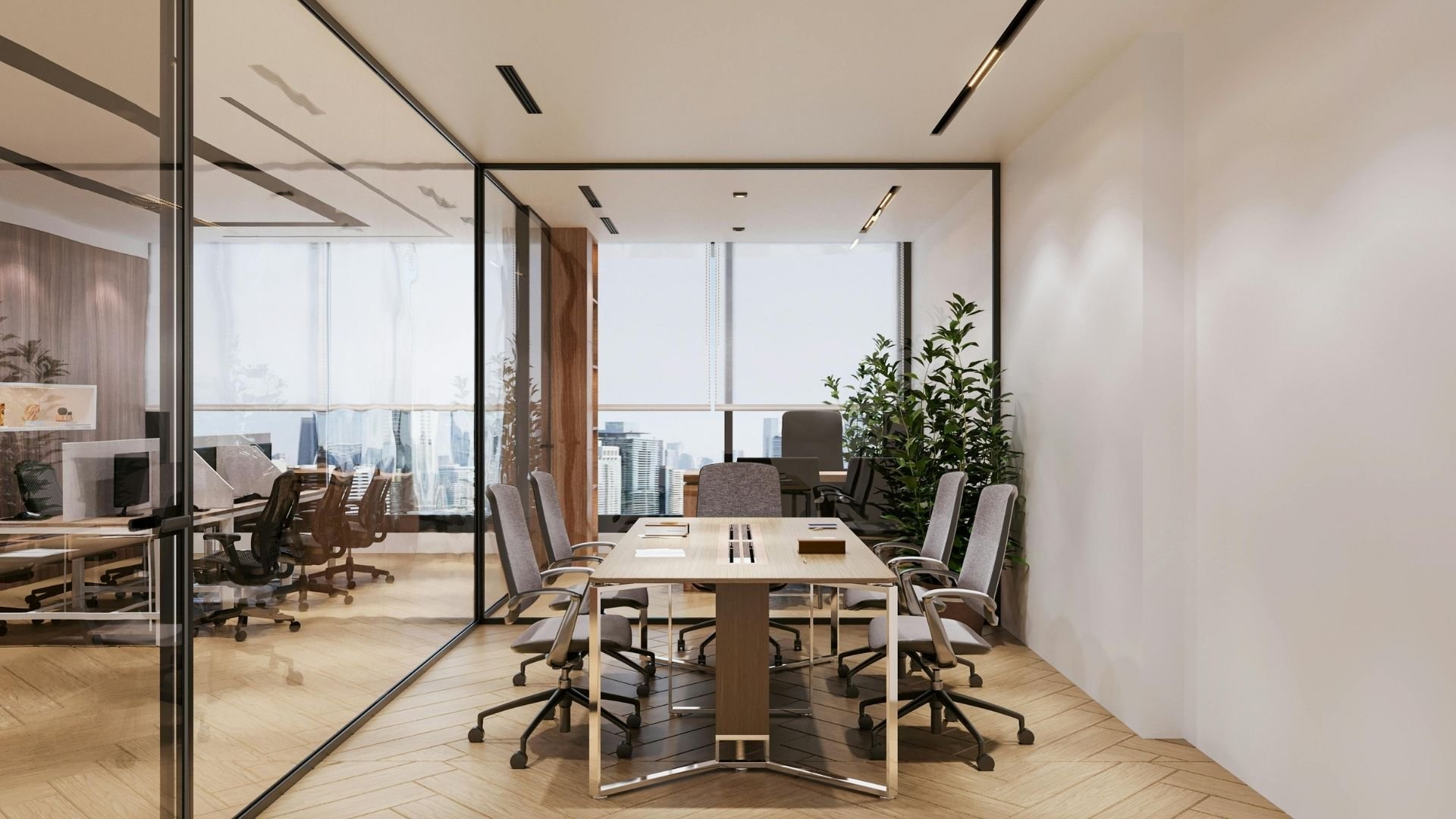 Modern high-rise office meeting room with glass walls, wooden table, ergonomic chairs, and city skyline view.